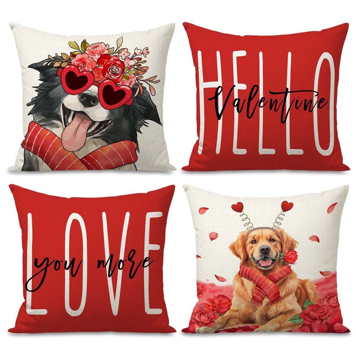 Waterproof Linen, Valentines Day Dog Pillow Covers 18x18 inch Set of 4 Love You More