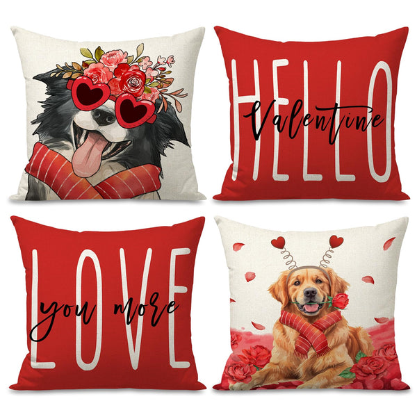 Waterproof Linen, Valentines Day Dog Pillow Covers 18x18 inch Set of 4 Love You More