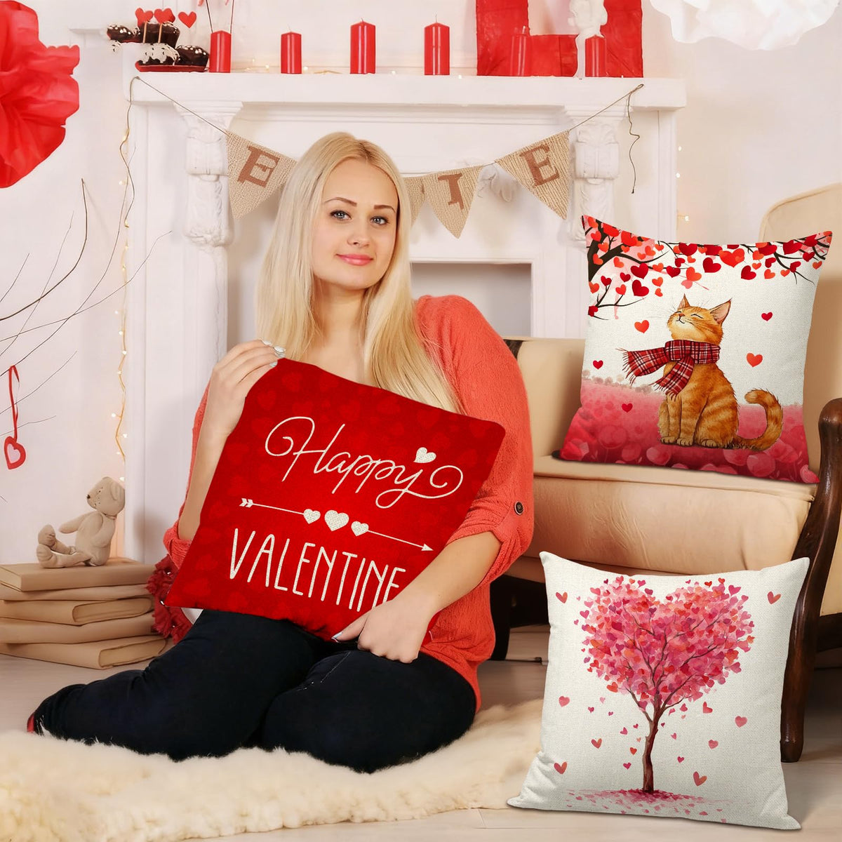 Happy Valentines Day Pillow Covers 18x18 inch Set of 4 for Valentine Decor Cat Heart Tree Love You More