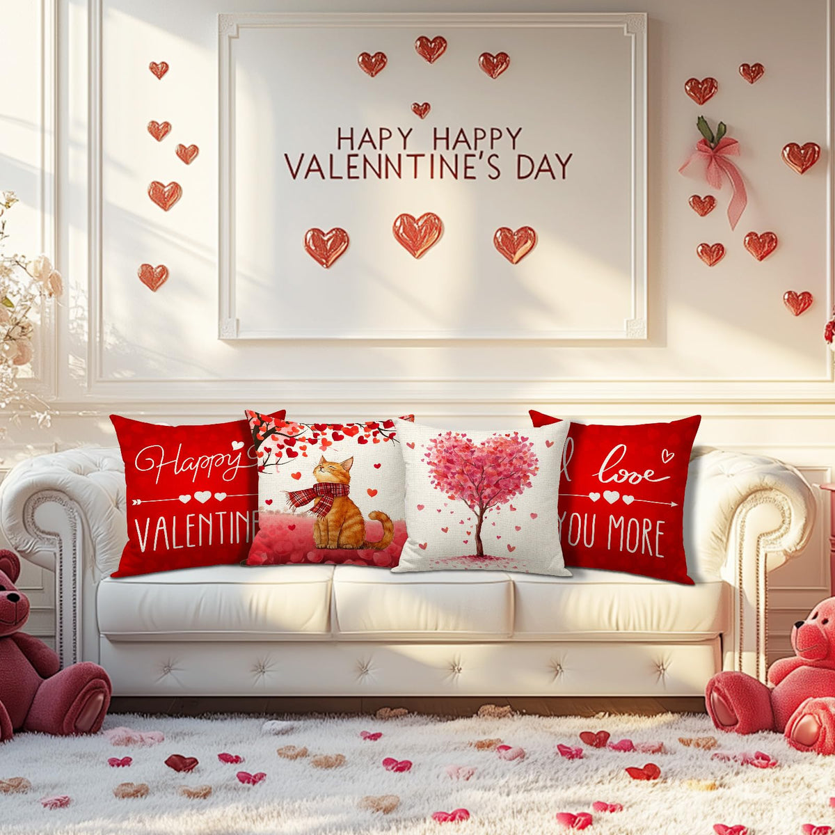 Happy Valentines Day Pillow Covers 18x18 inch Set of 4 for Valentine Decor Cat Heart Tree Love You More