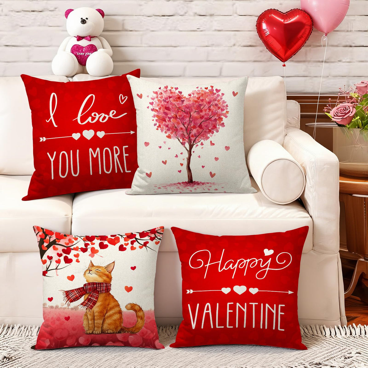 Happy Valentines Day Pillow Covers 18x18 inch Set of 4 for Valentine Decor Cat Heart Tree Love You More