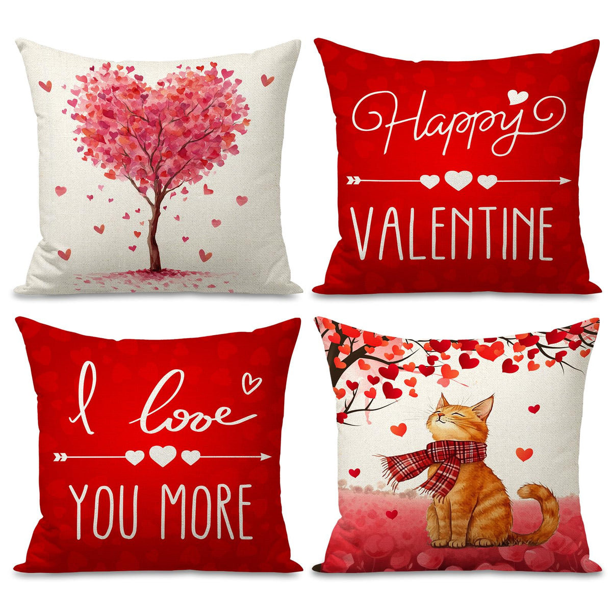 Happy Valentines Day Pillow Covers 18x18 inch Set of 4 for Valentine Decor Cat Heart Tree Love You More
