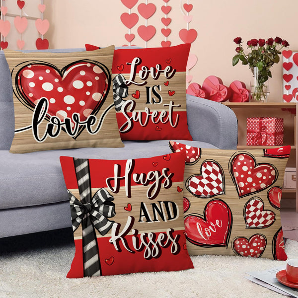 Valentines Day Decorative Throw Pillow Covers 18 x 18 Set of 4, Red Heart Love is Sweet