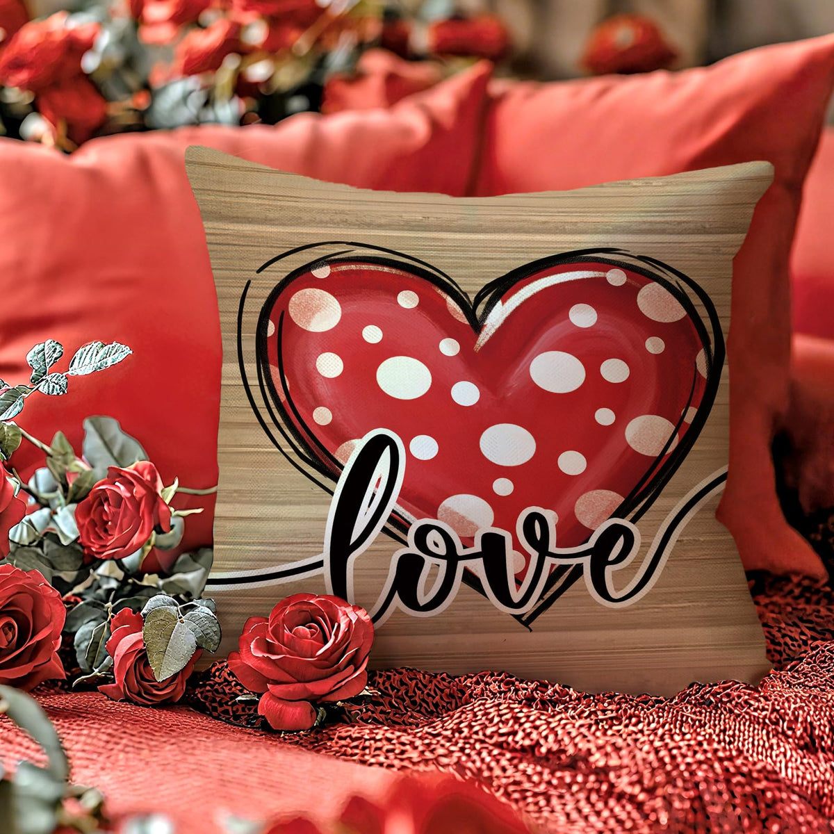 Valentines Day Decorative Throw Pillow Covers 18 x 18 Set of 4, Red Heart Love is Sweet