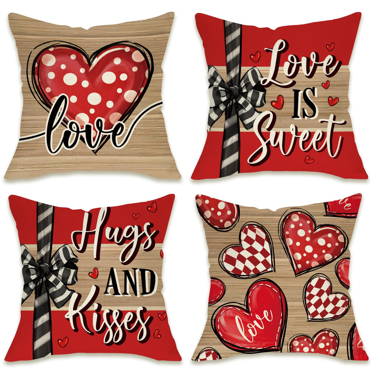 Valentines Day Decorative Throw Pillow Covers 18 x 18 Set of 4, Red Heart Love is Sweet