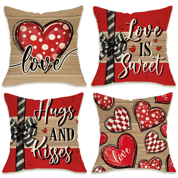 Valentines Day Decorative Throw Pillow Covers 18 x 18 Set of 4, Red Heart Love is Sweet