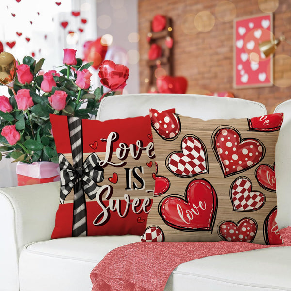 Valentines Day Decorative Throw Pillow Covers 18 x 18 Set of 4, Red Heart Love is Sweet