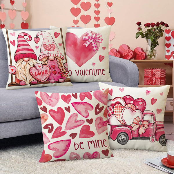 Hello Valentines Day Gnome Decorative Throw Pillow Covers 18 x 18 Set of 4, Pink Love Heart Truck