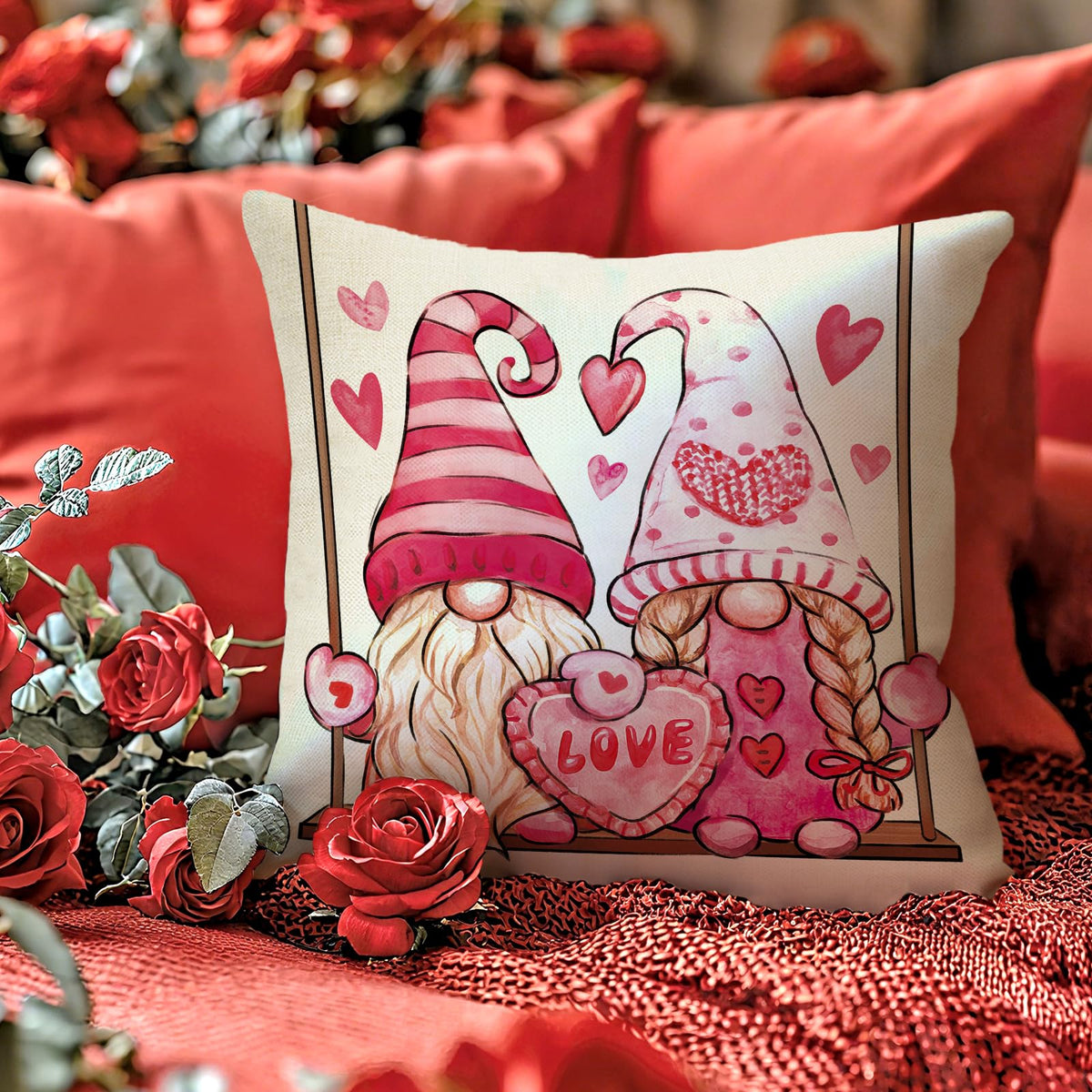 Hello Valentines Day Gnome Decorative Throw Pillow Covers 18 x 18 Set of 4, Pink Love Heart Truck