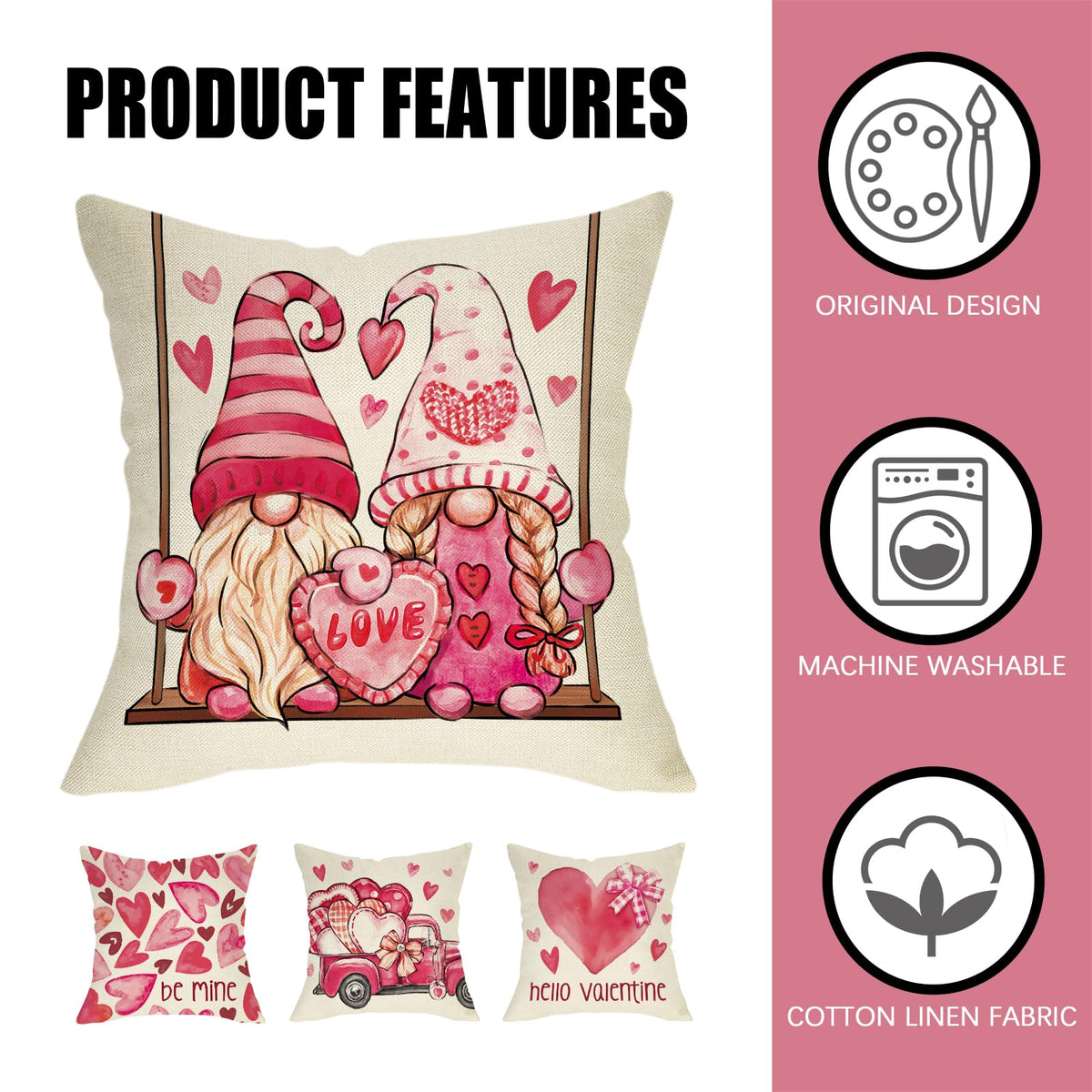 Hello Valentines Day Gnome Decorative Throw Pillow Covers 18 x 18 Set of 4, Pink Love Heart Truck