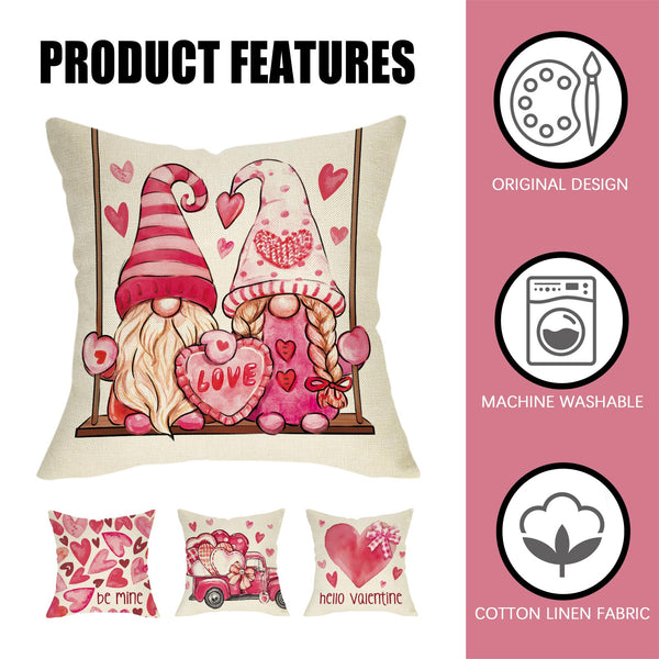 Hello Valentines Day Gnome Decorative Throw Pillow Covers 18 x 18 Set of 4, Pink Love Heart Truck