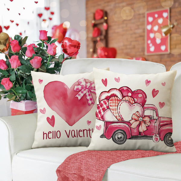 Hello Valentines Day Gnome Decorative Throw Pillow Covers 18 x 18 Set of 4, Pink Love Heart Truck