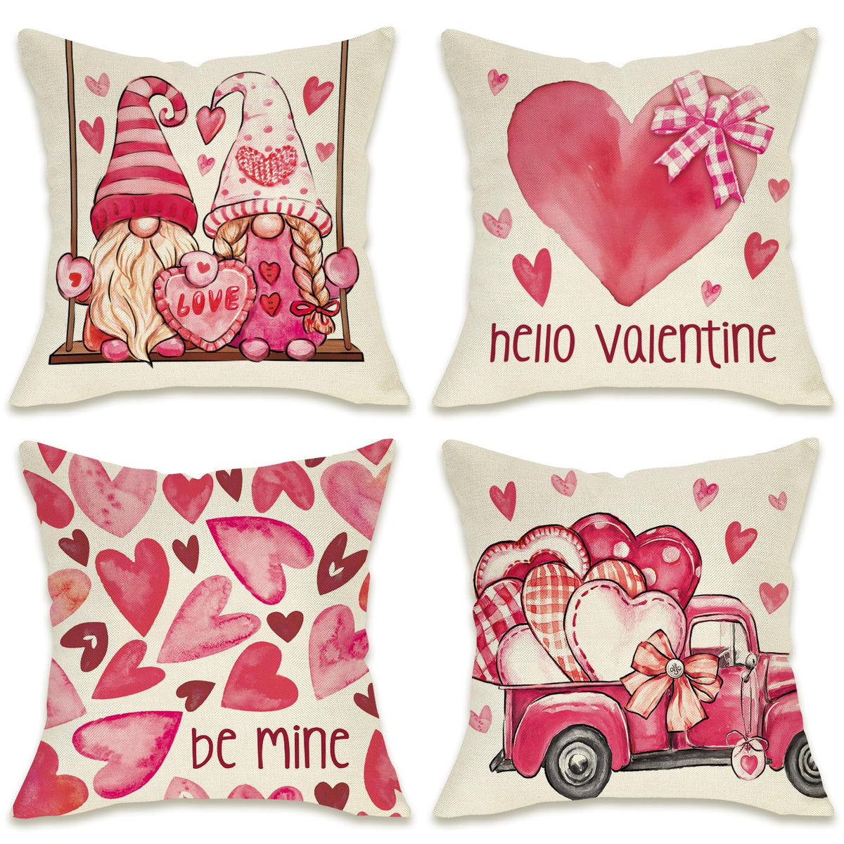 Hello Valentines Day Gnome Decorative Throw Pillow Covers 18 x 18 Set of 4, Pink Love Heart Truck