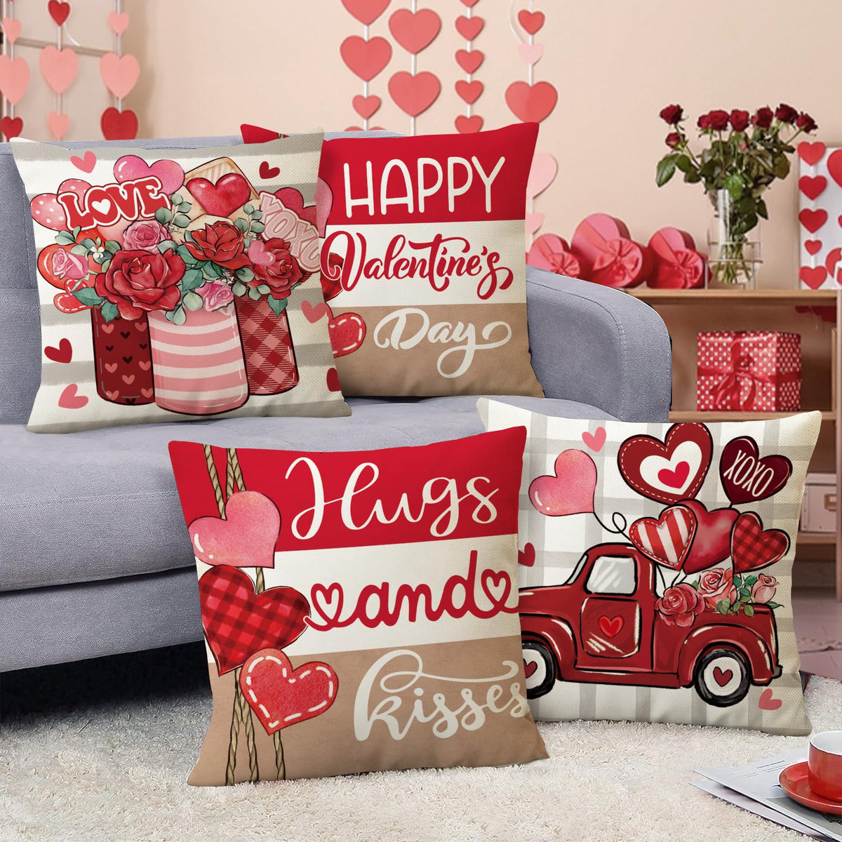 Happy Valentines Day Decorative Outdoor Throw Pillow Covers 18 x 18 Set of 4, Red Love Heart Rose Truck