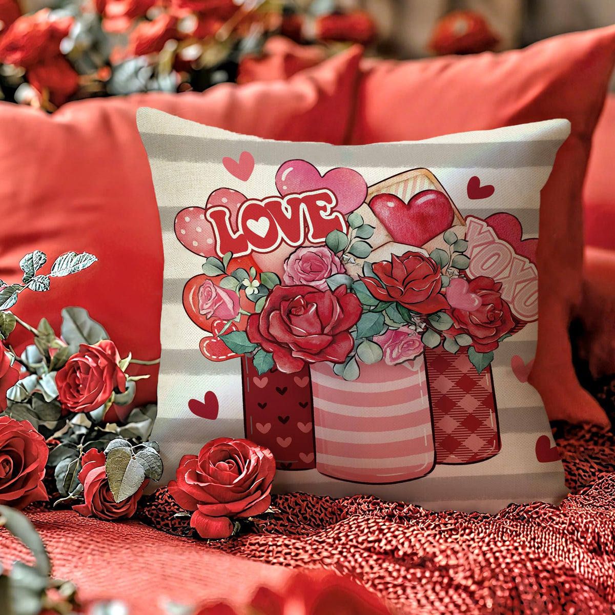 Happy Valentines Day Decorative Outdoor Throw Pillow Covers 18 x 18 Set of 4, Red Love Heart Rose Truck