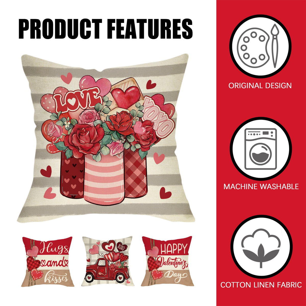 Happy Valentines Day Decorative Outdoor Throw Pillow Covers 18 x 18 Set of 4, Red Love Heart Rose Truck