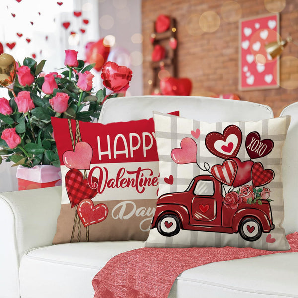 Happy Valentines Day Decorative Outdoor Throw Pillow Covers 18 x 18 Set of 4, Red Love Heart Rose Truck