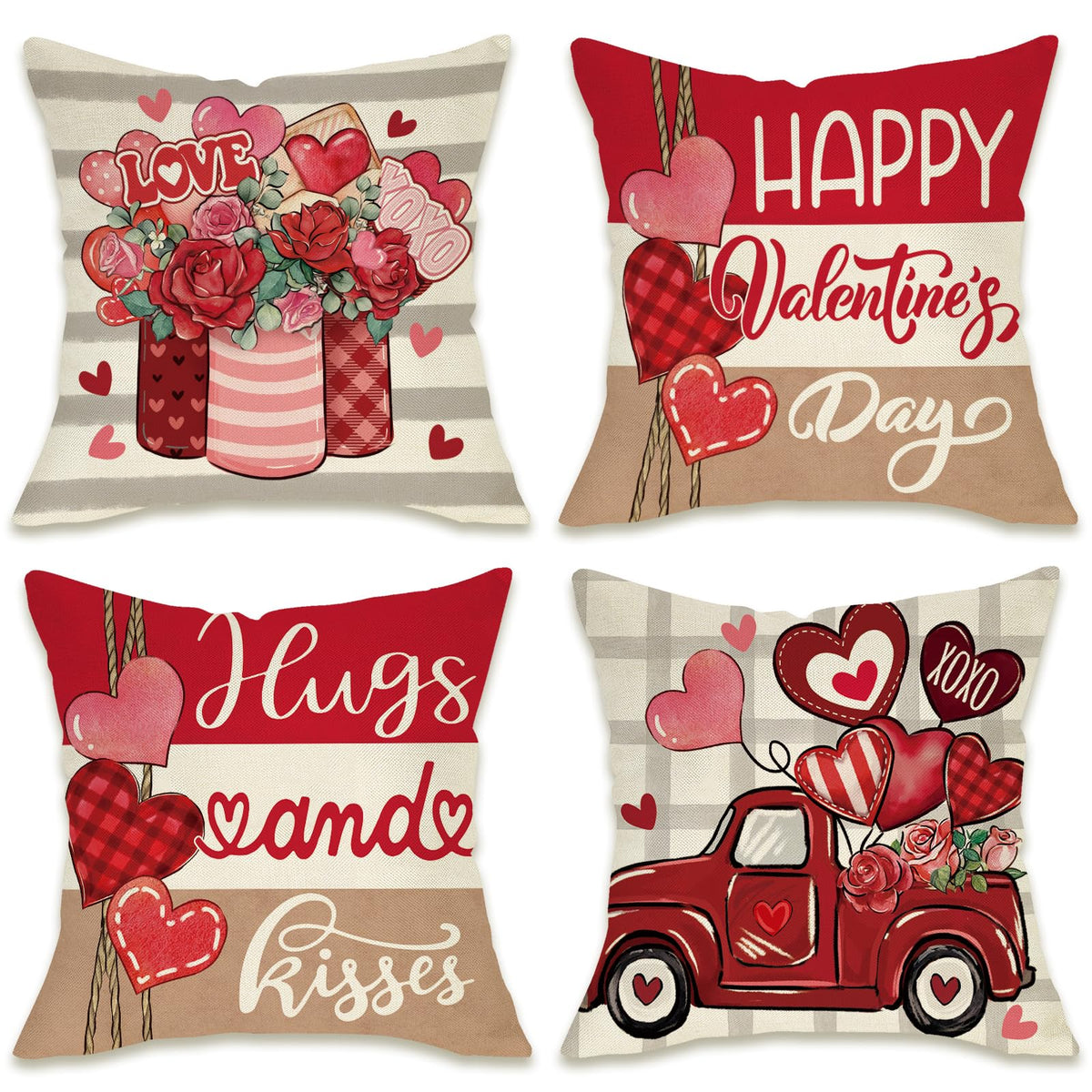 Happy Valentines Day Decorative Outdoor Throw Pillow Covers 18 x 18 Set of 4, Red Love Heart Rose Truck