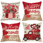Happy Valentines Day Decorative Outdoor Throw Pillow Covers 18 x 18 Set of 4, Red Love Heart Rose Truck
