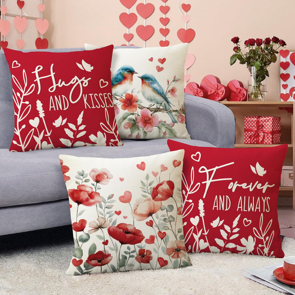 Valentines Day Red Decorative Throw Pillow Covers 18 x 18 Set of 4, Bluebird Flower Forever and Always