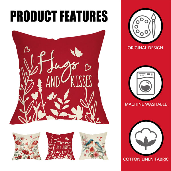 Valentines Day Red Decorative Throw Pillow Covers 18 x 18 Set of 4, Bluebird Flower Forever and Always