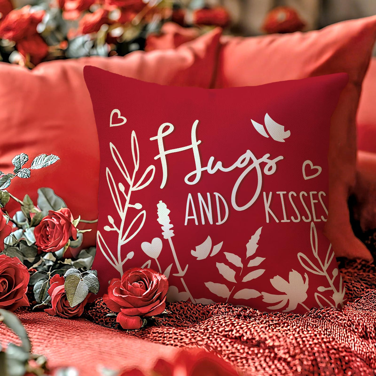 Valentines Day Red Decorative Throw Pillow Covers 18 x 18 Set of 4, Bluebird Flower Forever and Always