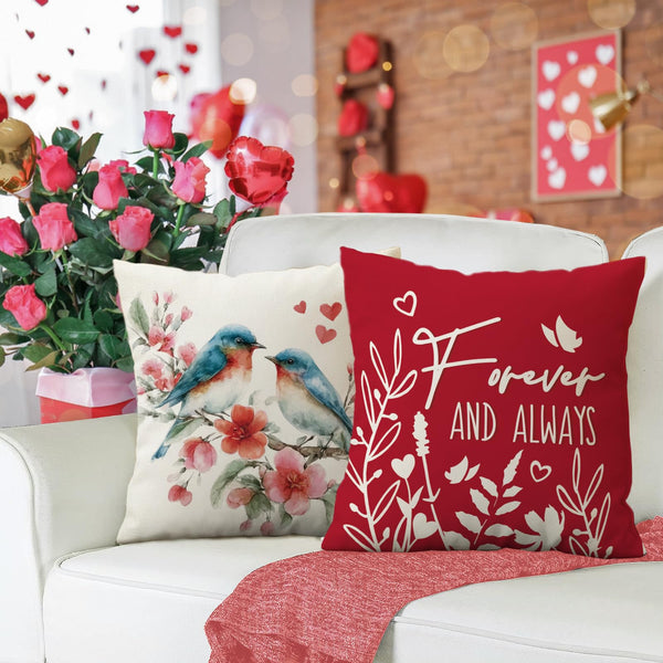 Valentines Day Red Decorative Throw Pillow Covers 18 x 18 Set of 4, Bluebird Flower Forever and Always