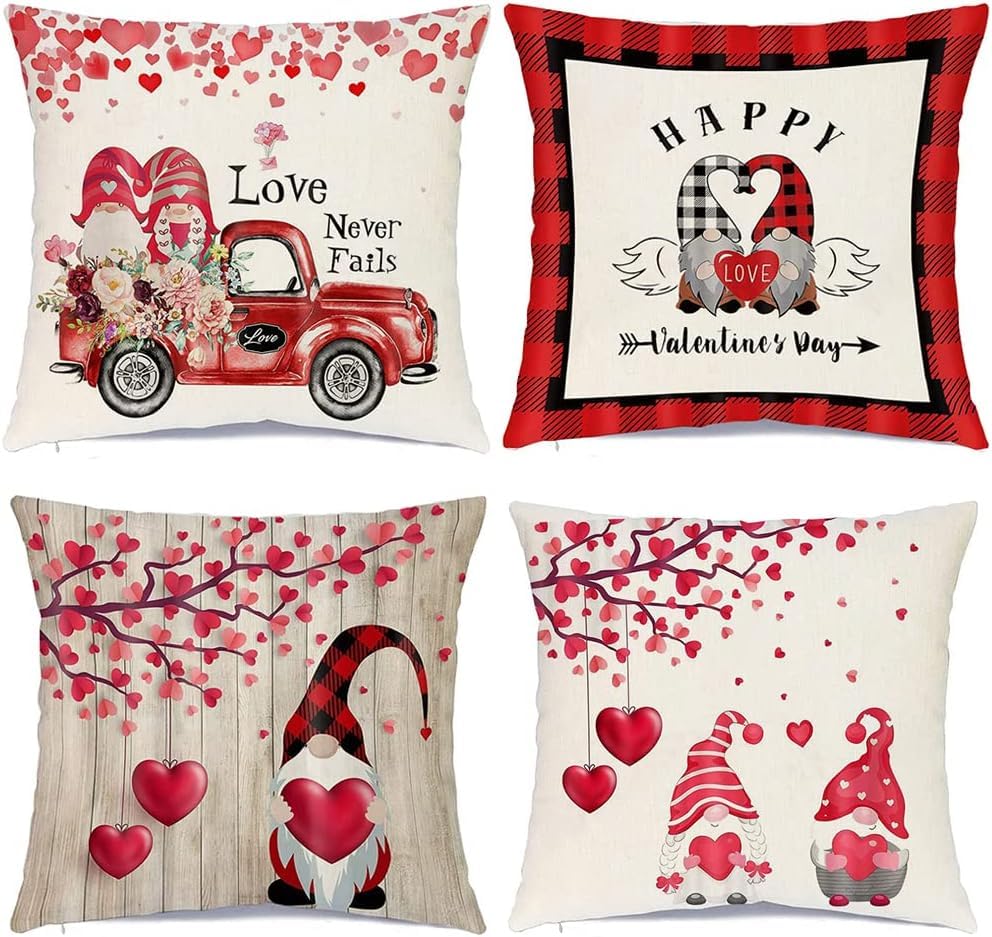 Gnome Happy Valentine's Day Love Truck Throw Pillow Covers,18x18 Inch Red Heart Love Never Fails Buffalo Plaid