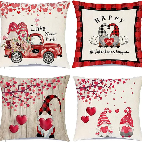 Gnome Happy Valentine's Day Love Truck Throw Pillow Covers,18x18 Inch Red Heart Love Never Fails Buffalo Plaid