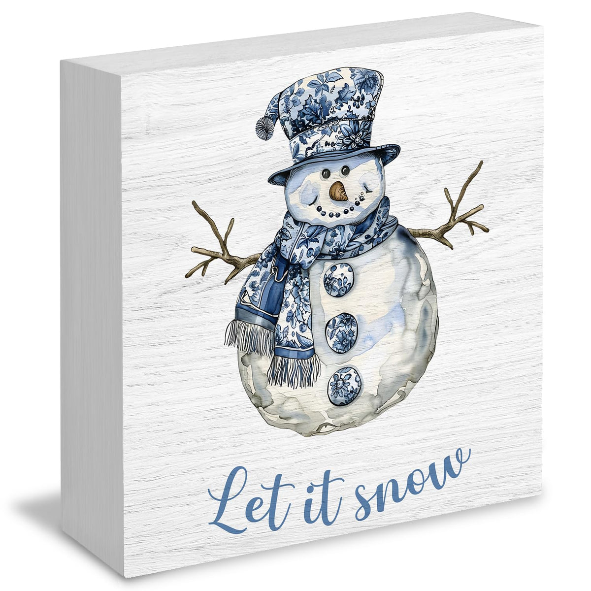 Let Snow Sign, Chinoiserie Blue and White Snowman Christmas Wooden Box Sign, Grandmillennial Home Decor