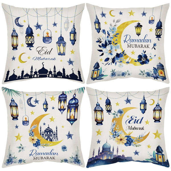 Ramadan Pillow Covers 18 x 18, 4 Pcs Blue and Gold Moon Floral Throw Pillow Cases