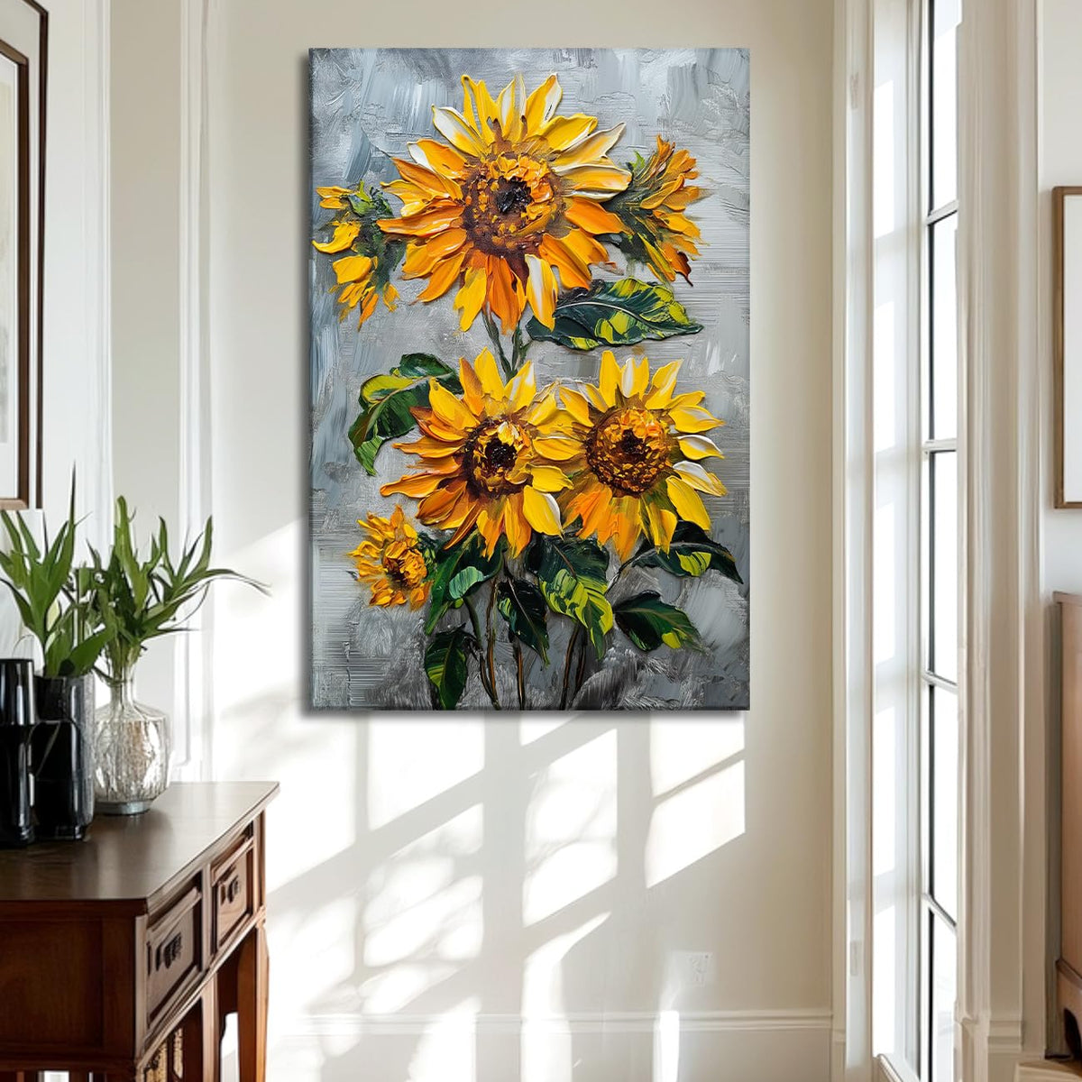 Sunflower Canvas Wall Art Flower Decor Framed Blooms on Gray Background Picture Modern Floral Artwork for Farmhouse