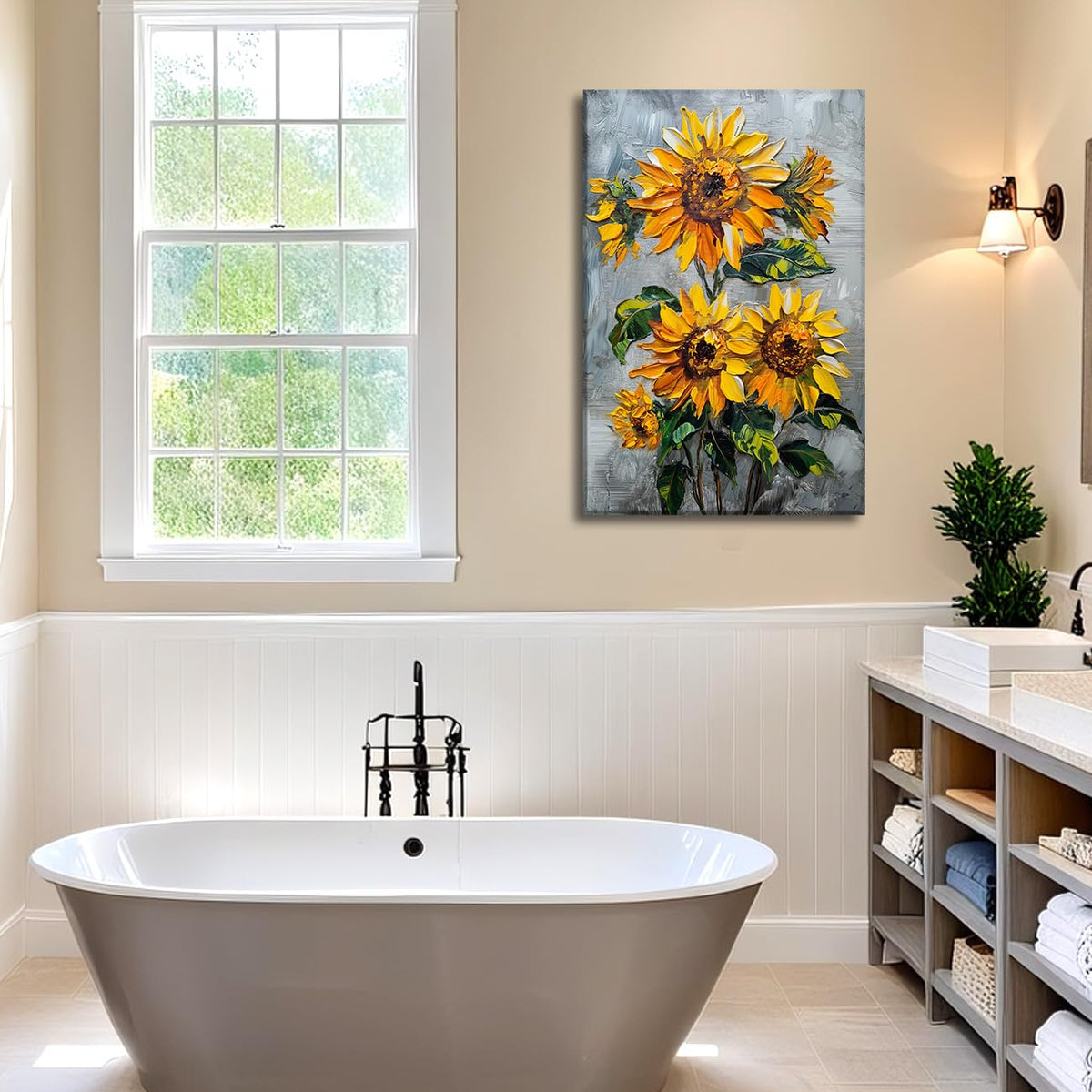 Sunflower Canvas Wall Art Flower Decor Framed Blooms on Gray Background Picture Modern Floral Artwork for Farmhouse