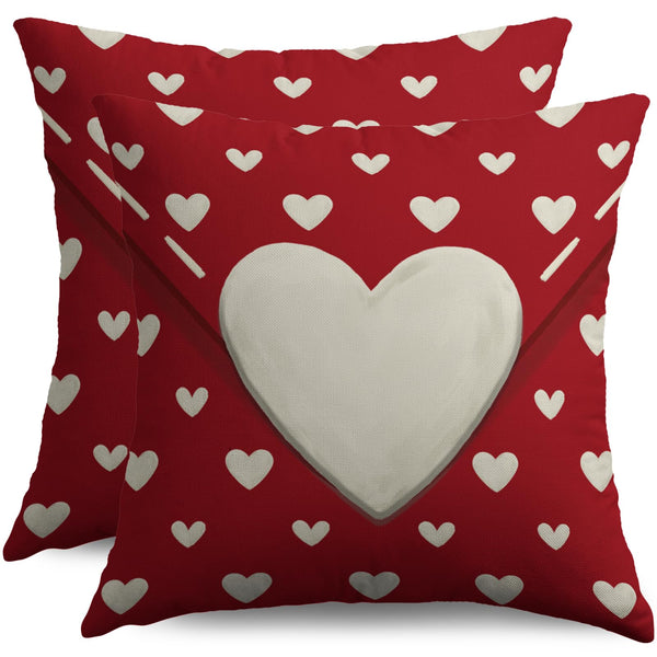 Waterproof Red Valentines Pillow Covers 18X18 Set of 2, Cream Heart Print Valentine's Day Themed Love