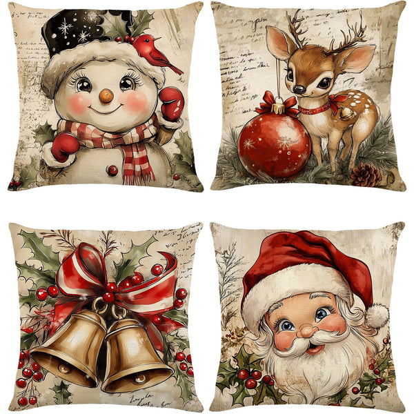 Christmas Throw Pillow Covers 18x18 Set of 4,Linen Pillow Cases Vintage Snowman Santa Deer