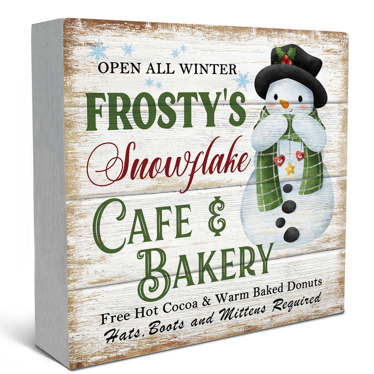 Vintage Christmas Cafe &amp; Bakery Wooden Sign Desk Decor, Christmas Bakery Decor, Rustic Winter Snowflake