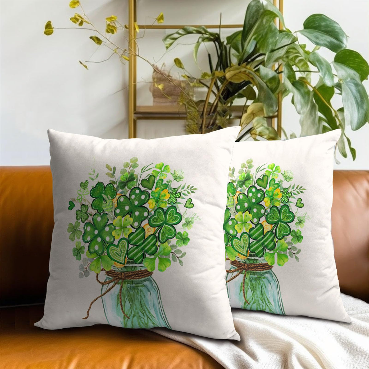 Outdoor Waterproof ST Patricks Day Bouquet Throw Pillow Covers 18x18inch Set of 2 Clovers Heart