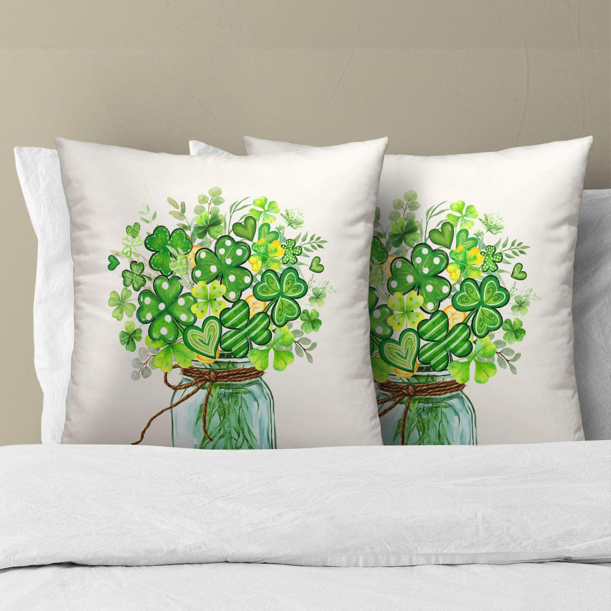 Outdoor Waterproof ST Patricks Day Bouquet Throw Pillow Covers 18x18inch Set of 2 Clovers Heart