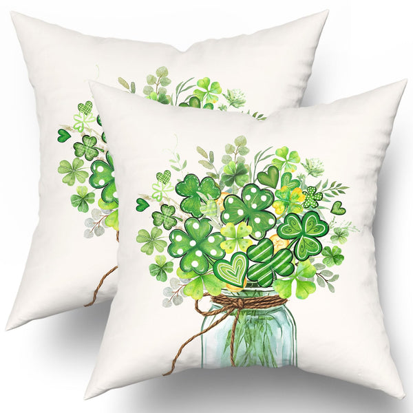 Outdoor Waterproof ST Patricks Day Bouquet Throw Pillow Covers 18x18inch Set of 2 Clovers Heart