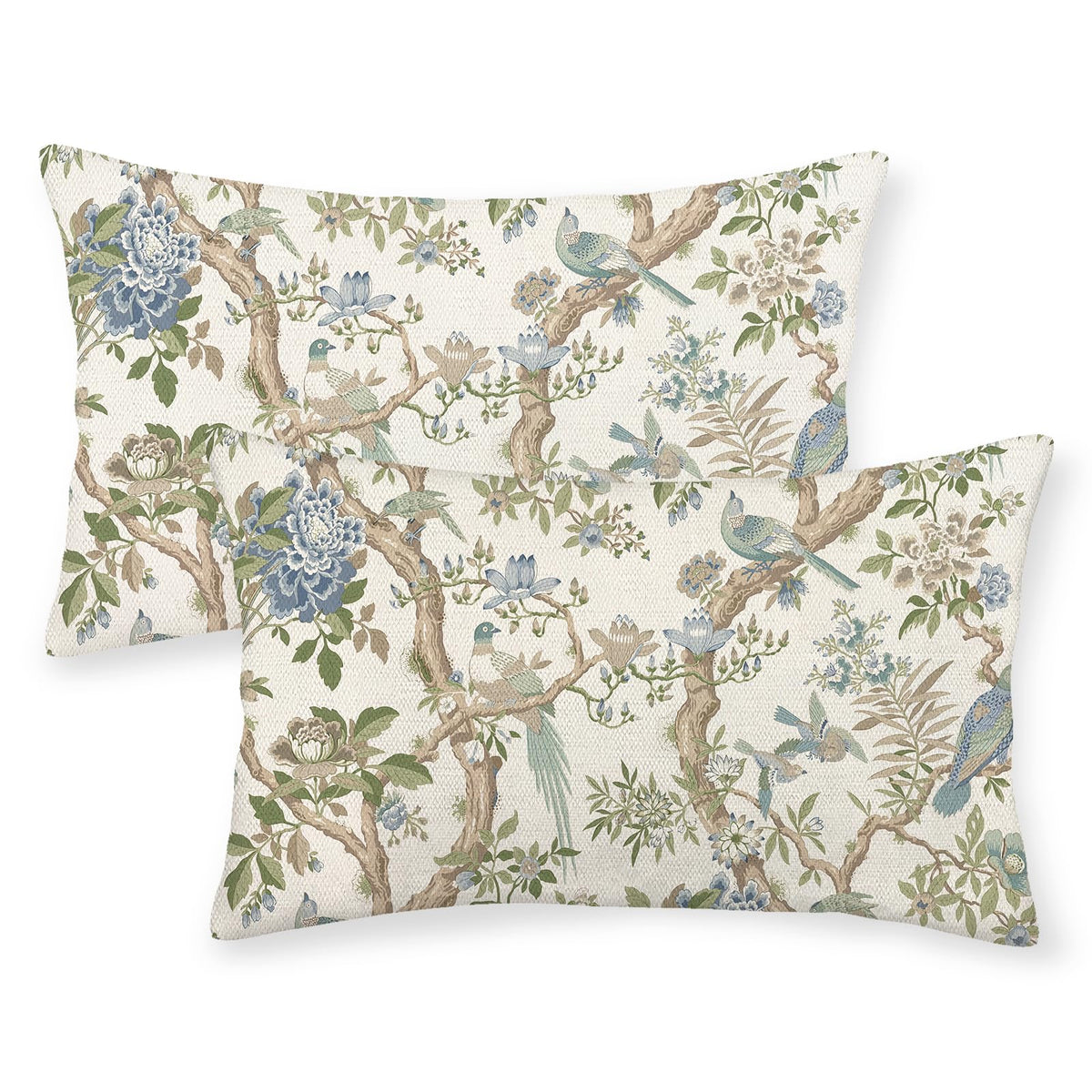 Sage Green Blue Pillow Covers 12x20 Inch 2 Pcs Spring Floral Bird Chinoiserie Decor, No Insert, Velvet