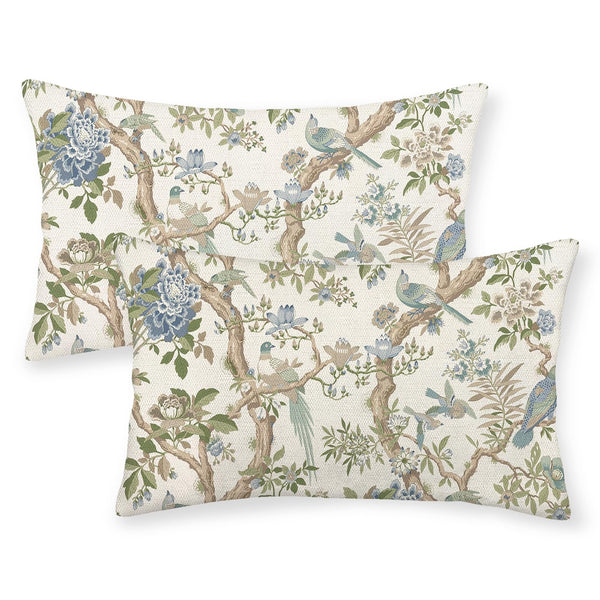 Sage Green Blue Pillow Covers 12x20 Inch 2 Pcs Spring Floral Bird Chinoiserie Decor, No Insert, Velvet