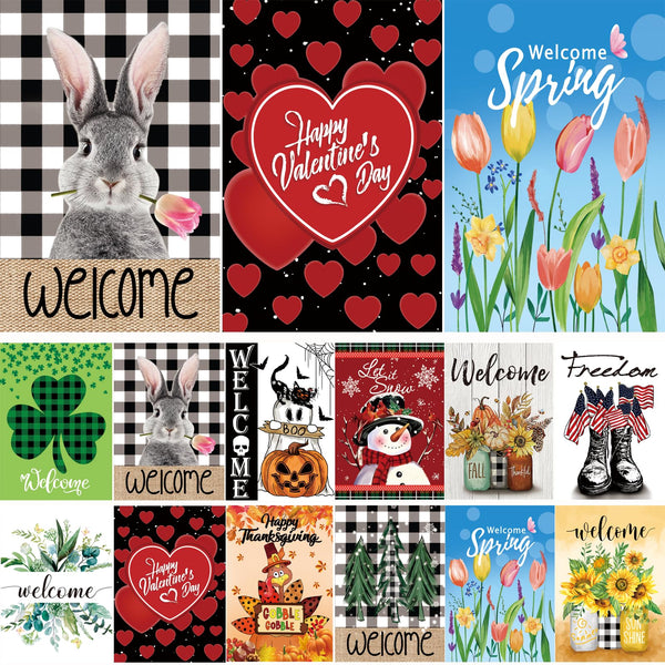 Seasonal Garden Flags Set of 12 Single Sided 12 x 18 Inch Yard Flags, Small Garden Flags for Outside