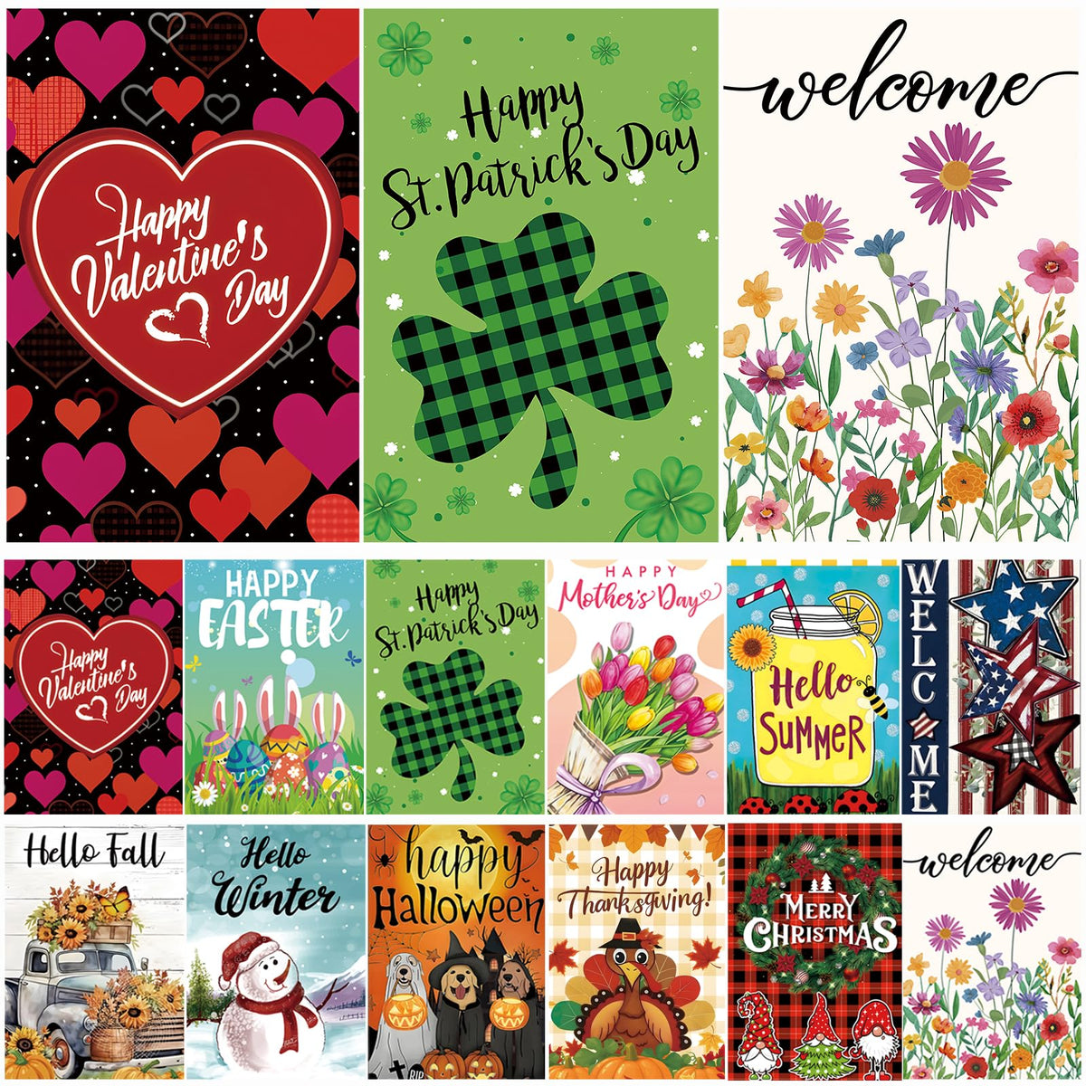 Seasonal Garden Flags Set of 12 Single Sided 12 x 18, Small Yard Flags for Outside, Summer Fall Garden Flag