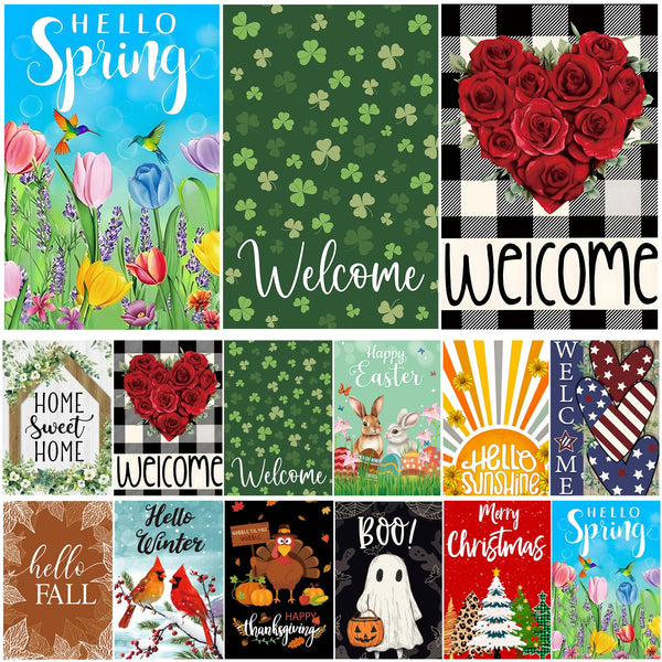 Seasonal Garden Flags Set of 12, Single Sided 12x18 Inch Yard Flags, Small Garden Flags for Outside