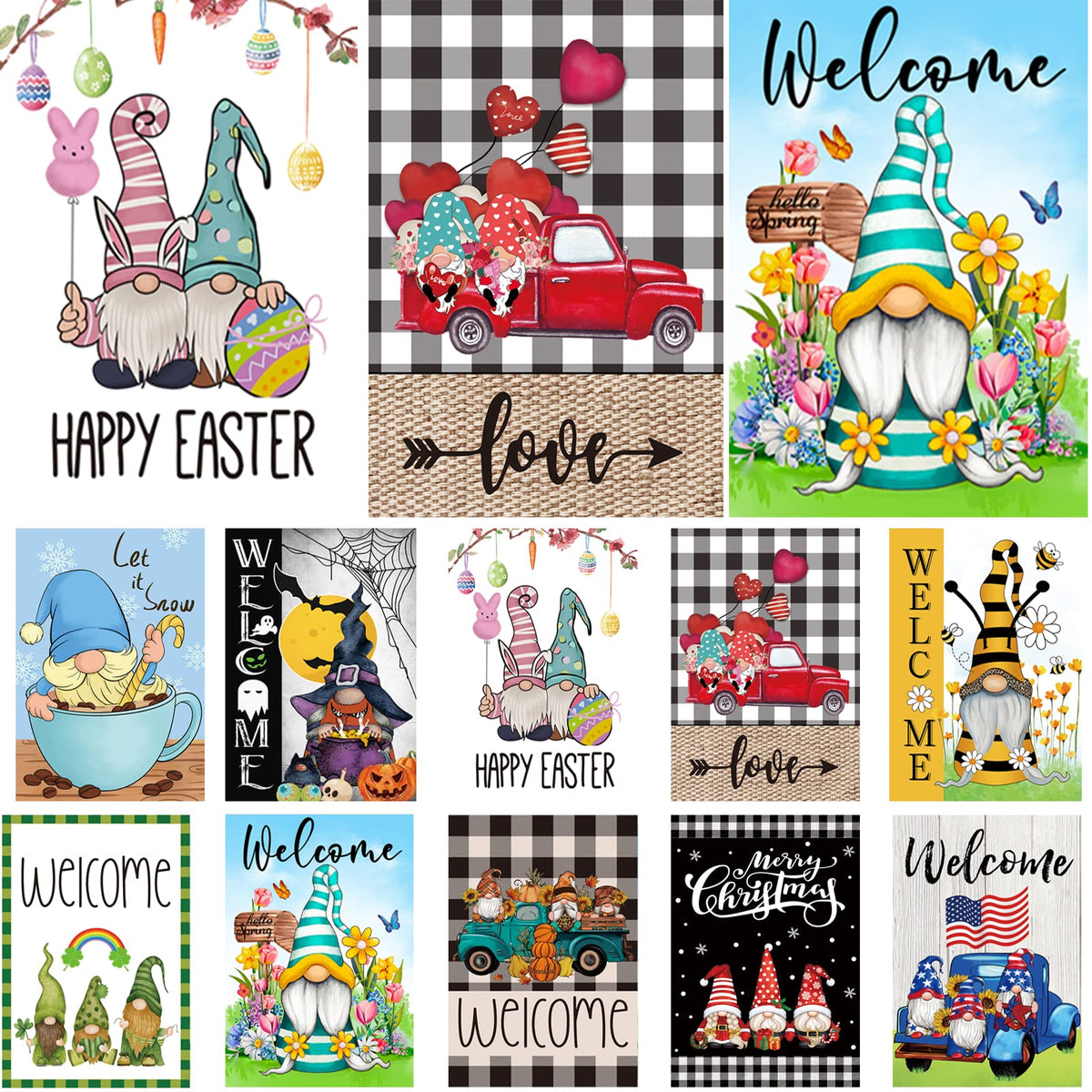 Set of 10 Gnome Seasonal Garden Flags, Single Sided 12 x 18 Inch Yard Flags,small garden flags for outside