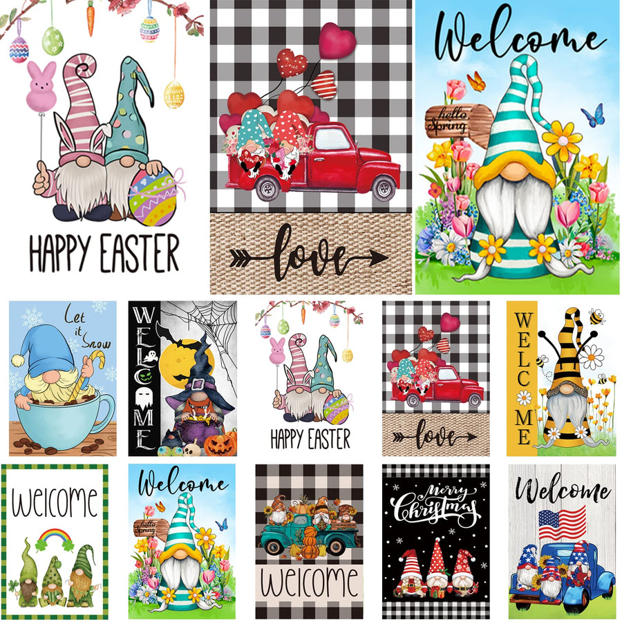 Set of 10 Gnome Seasonal Garden Flags, Single Sided 12 x 18 Inch Yard Flags,small garden flags for outside
