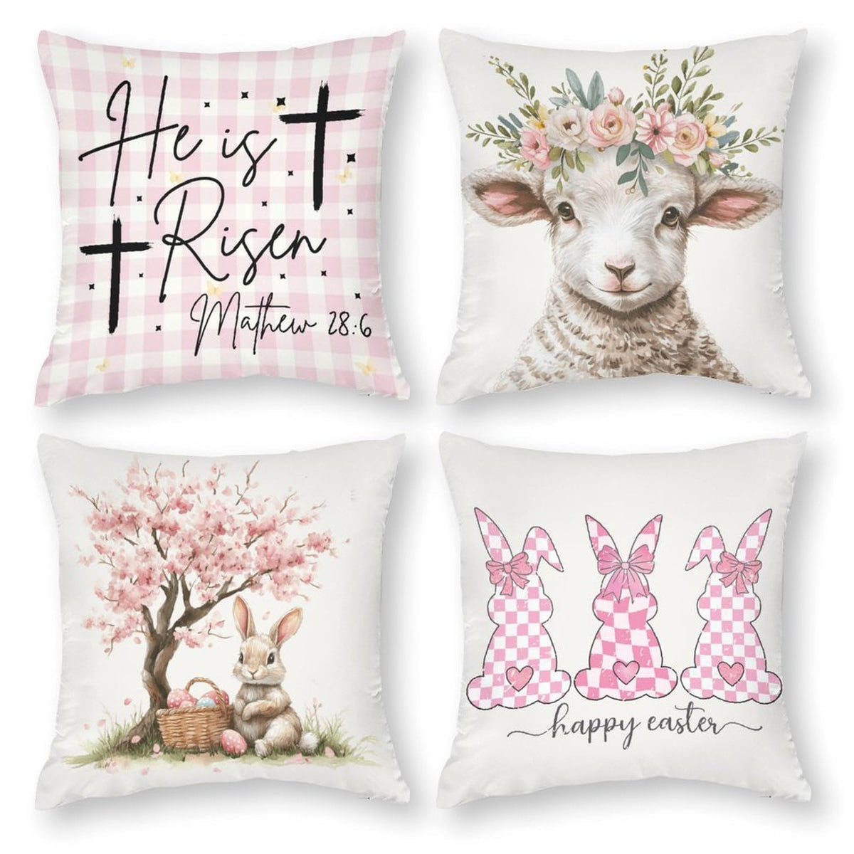 Waterproof Set of 4 Square 18"x18" Pillow Covers for Easter Spring, Buffalo Plaid, 1-Side, Cotton Linen