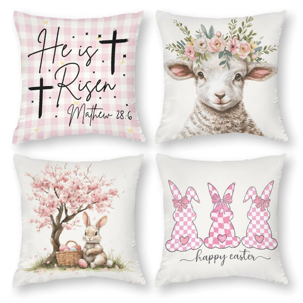 Waterproof Set of 4 Square 18"x18" Pillow Covers for Easter Spring, Buffalo Plaid, 1-Side, Cotton Linen