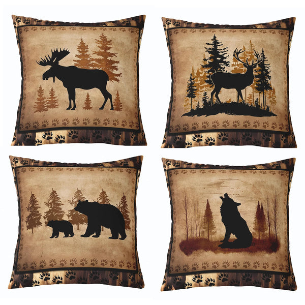 Set of 4 Vintage Bear Throw Pillow Covers,Cabin Deer Hunting Cushion Case for Home Living Room Decor
