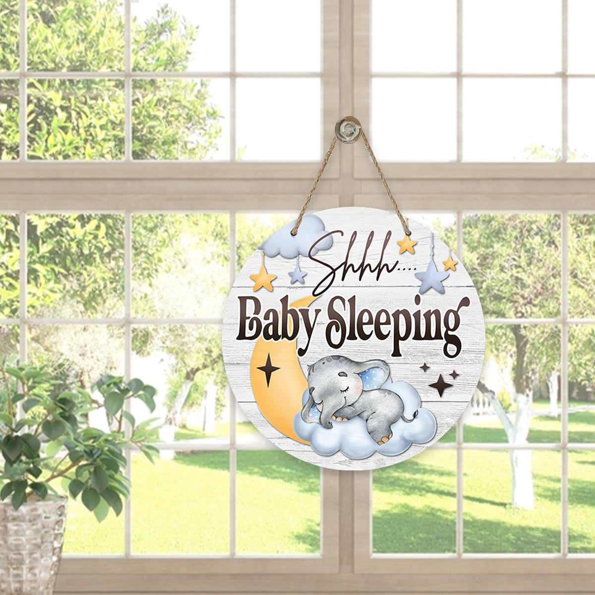 Shhh Baby Sleeping Front Door Sign, Elephant Moon Cloud Stars Wood Door Hanger Nursery Kids Bedroom Decor